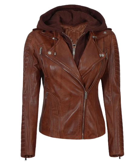 Women Leather Jacket With Hood Cognac Zing Apparel