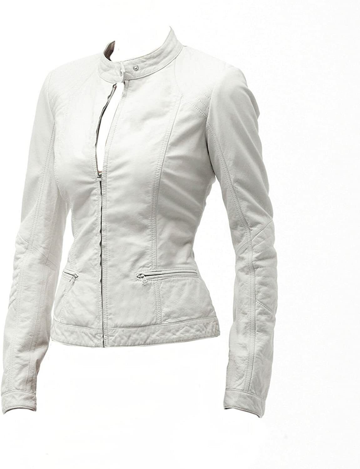 Pure Sheep Leather Biker Jacket Women, White