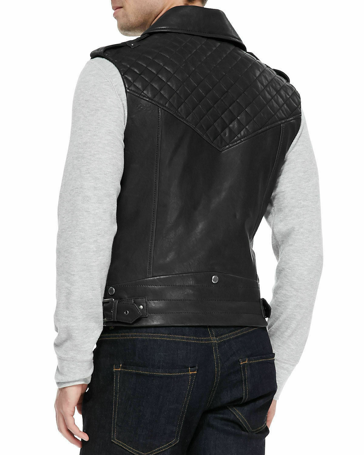 Asymmetrical Quilted Leather Vest Black