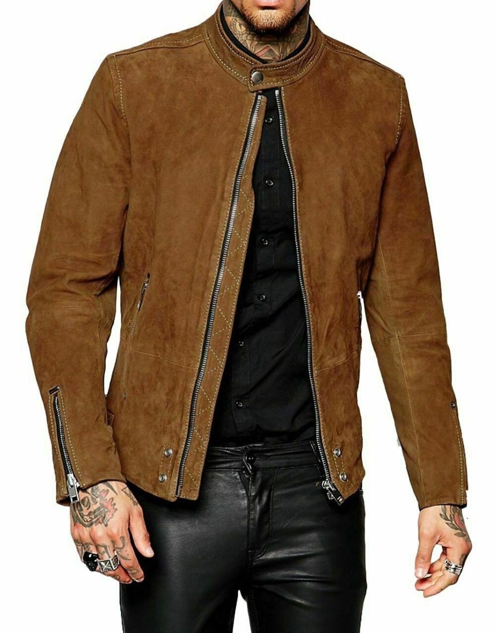 Slim Fit Suede Leather Jacket, Brown