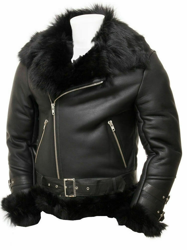 Black Leather Shearling Jacket For Men - flying Toscana