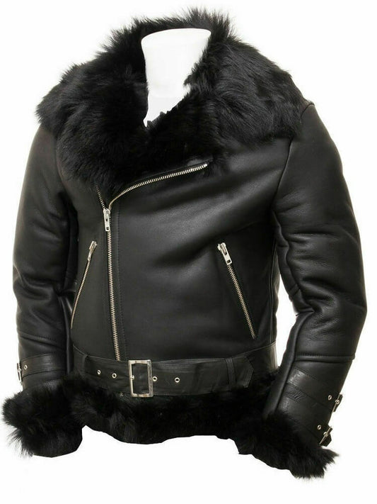 Black Leather Shearling Jacket For Men - flying Toscana