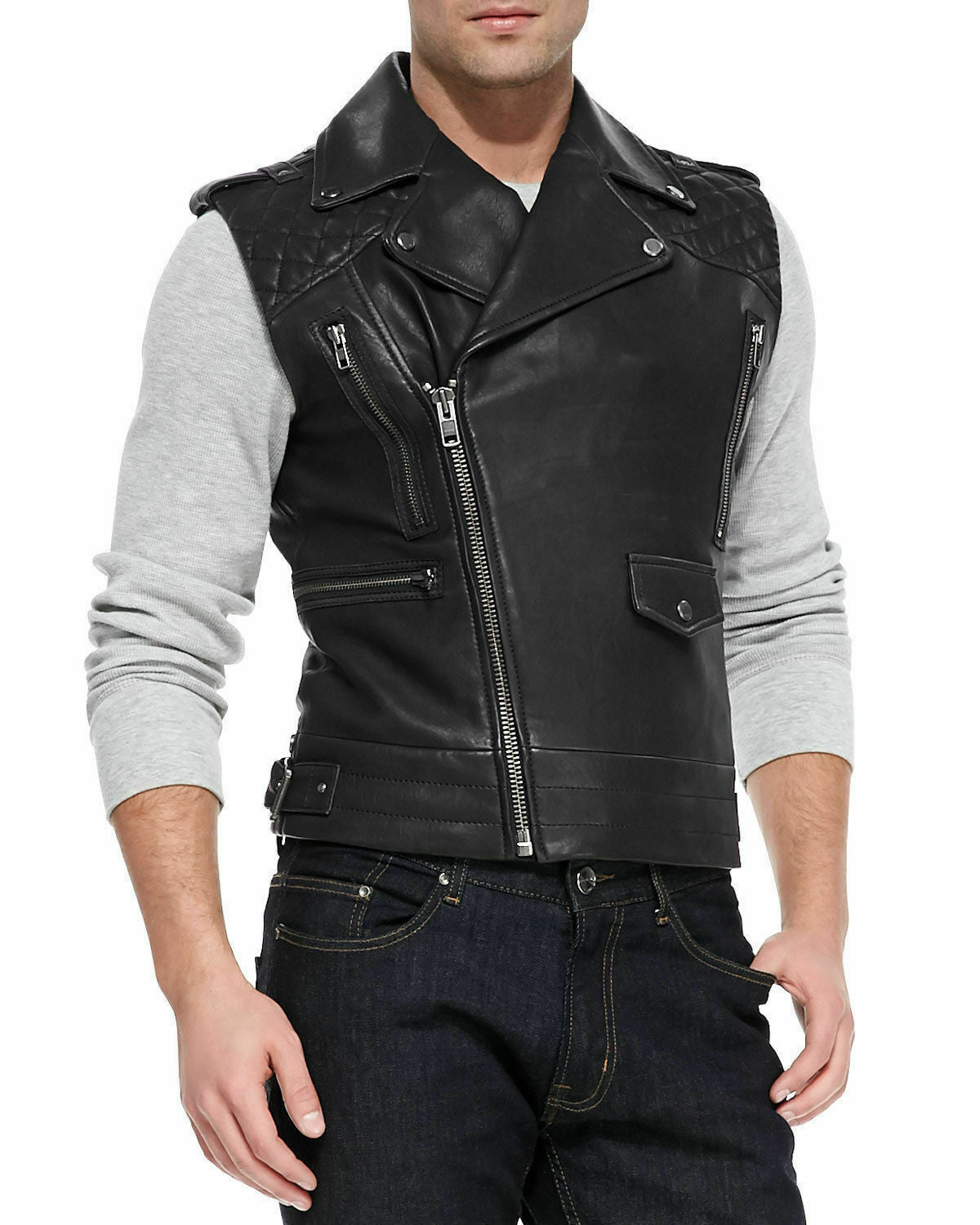 Asymmetrical Quilted Leather Vest Black