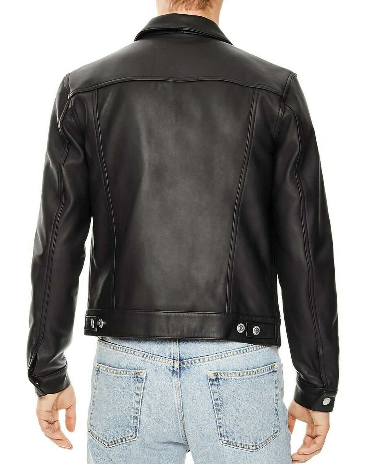 Sheepskin Slim Fit Trucker Jacket, Black