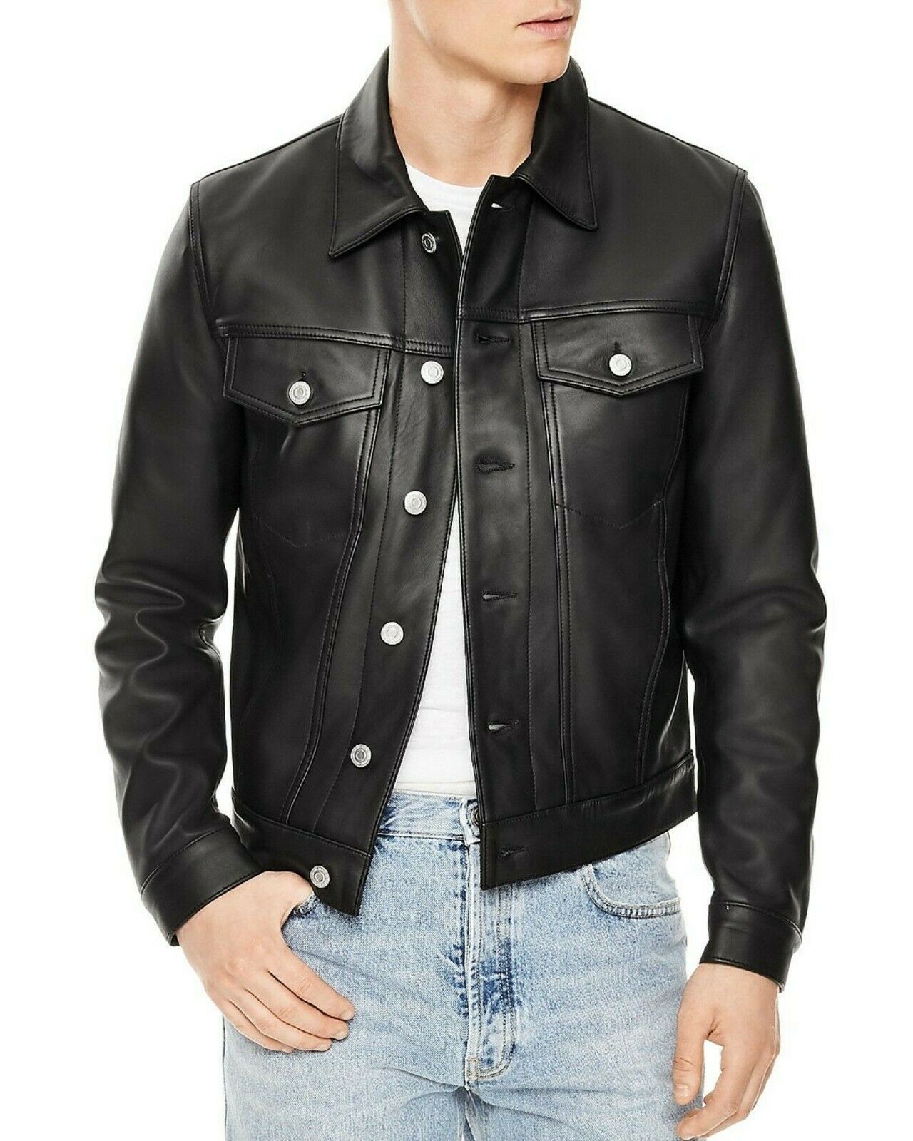 Sheepskin Slim Fit Trucker Jacket, Black