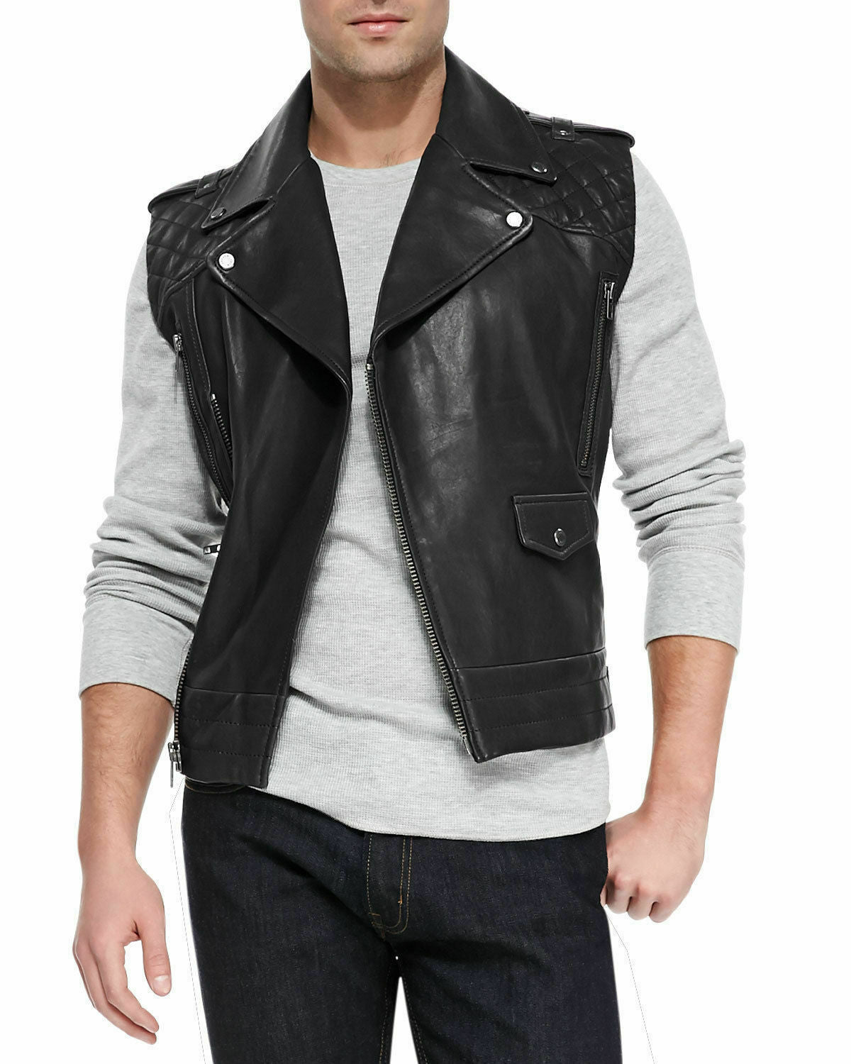 Asymmetrical Quilted Leather Vest Black