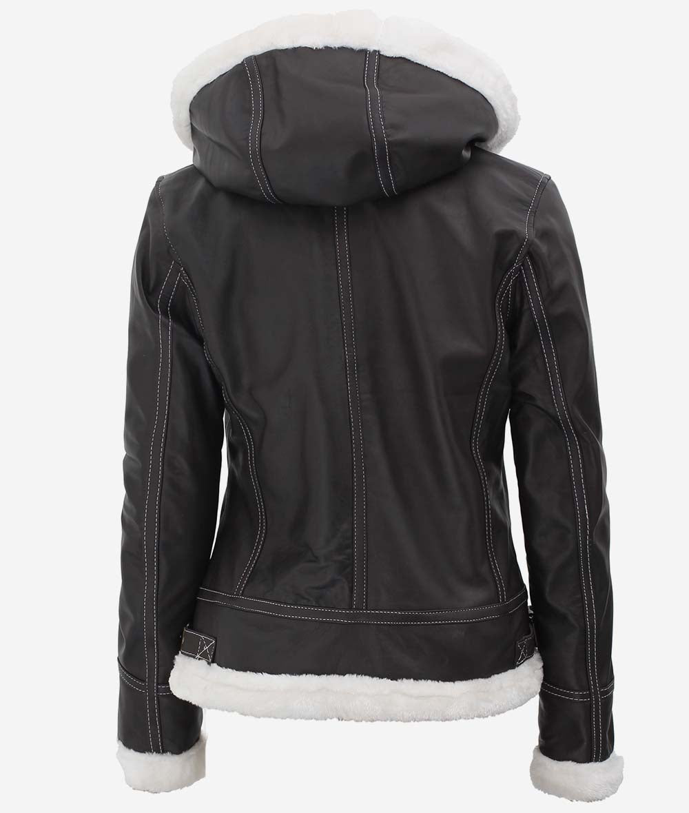 Black Leather Shearling Jacket For Women with Hood Zing Apparel
