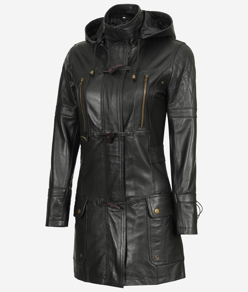 Women Long Coat - Real Leather Zip Up