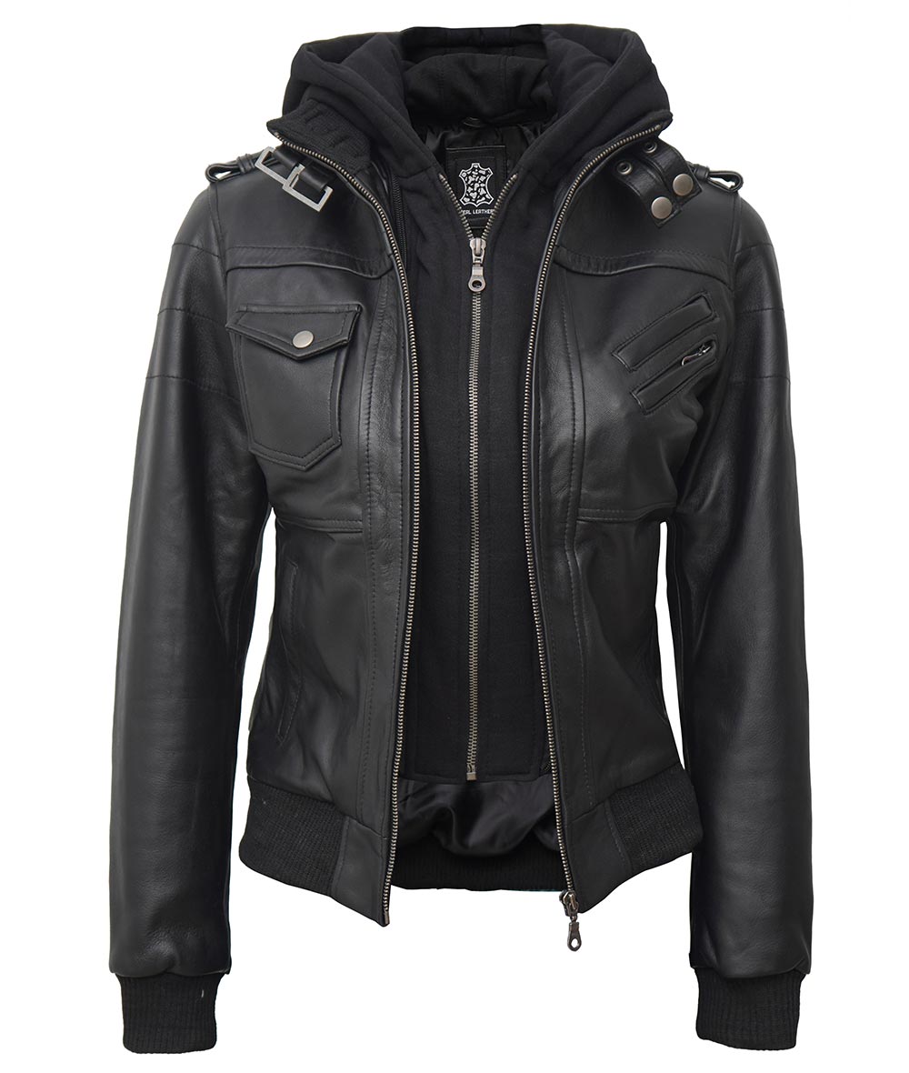 Women Leather Jacket With Hood Burgh