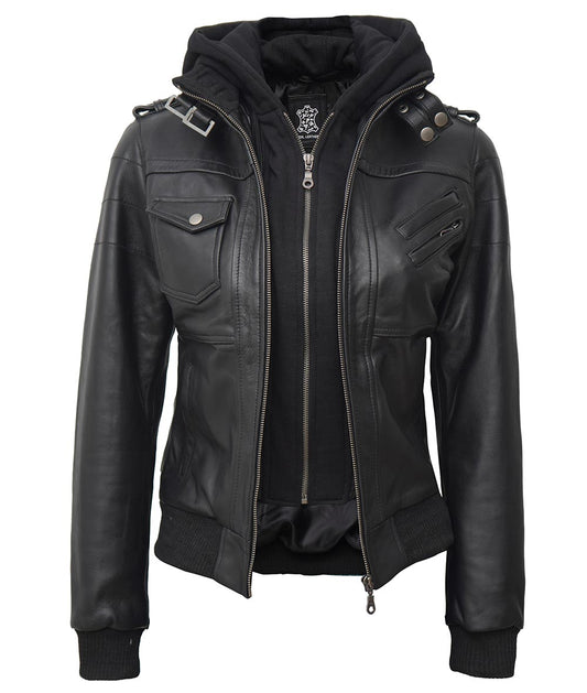 Women Leather Jacket With Hood Burgh Zing Apparel