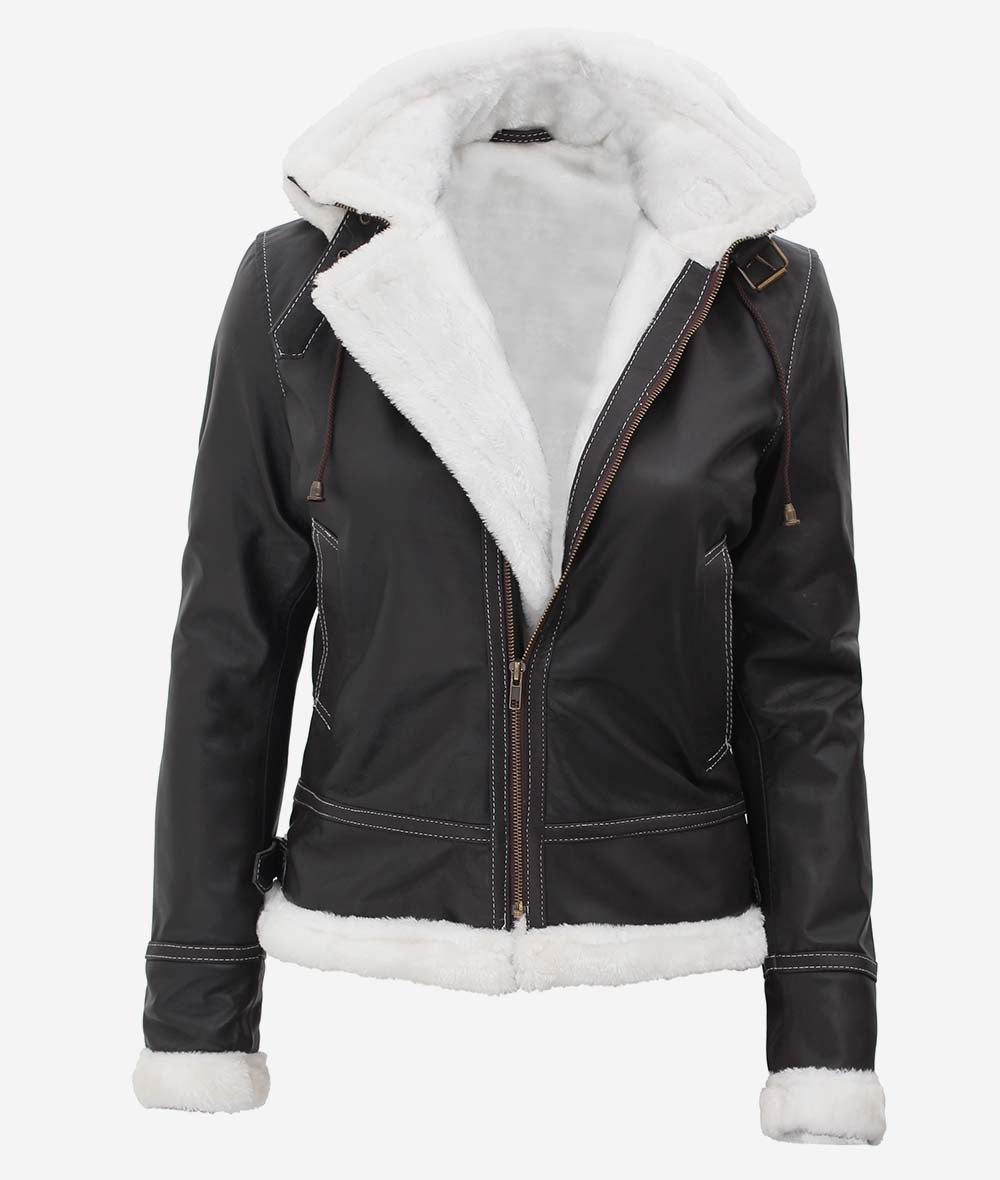 Black Leather Shearling Jacket For Women with Hood Zing Apparel