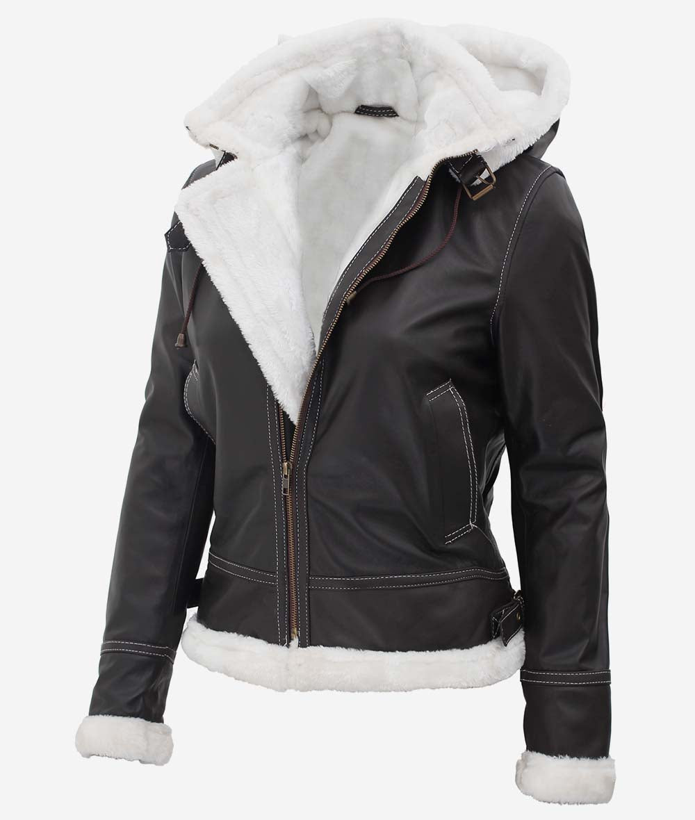 Black Leather Shearling Jacket For Women with Hood Zing Apparel