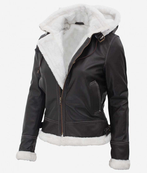 Black Leather Shearling Jacket For Women with Hood Zing Apparel