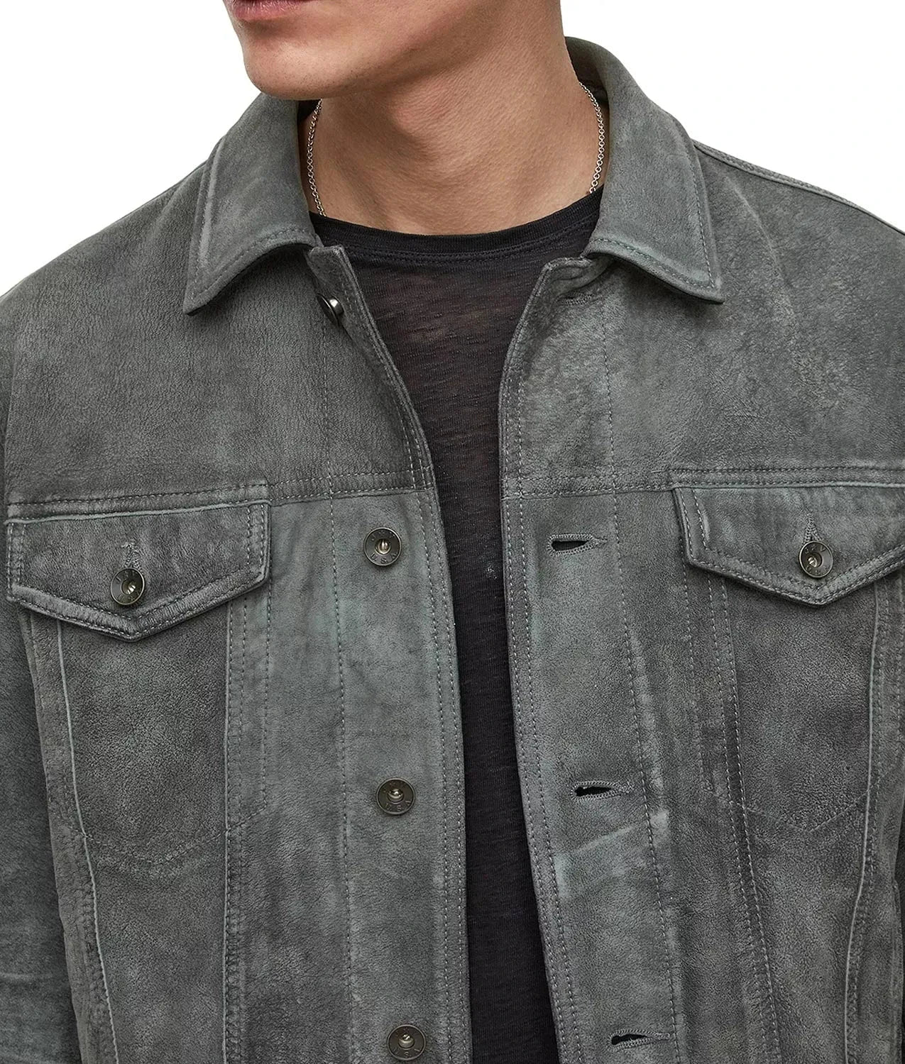 Trucker Suede Leather Jacket Men, Grey Zing Apparel