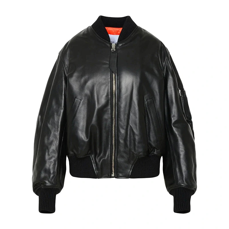 McQueen Leather Bomber Jacket Women, Black