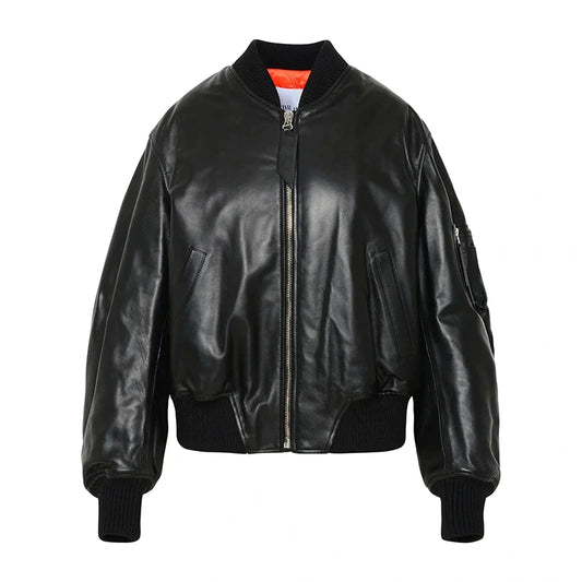 McQueen Leather Bomber Jacket Women, Black