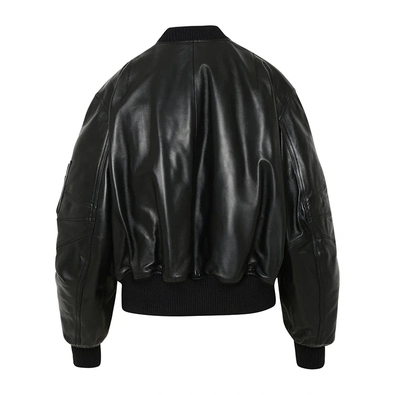 McQueen Leather Bomber Jacket Women, Black