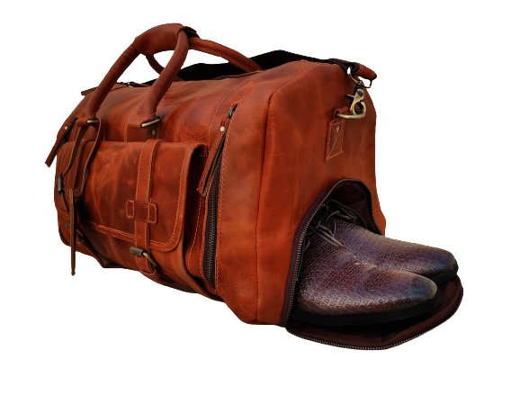 Handmade Travel Leather Duffle Bag, Brown