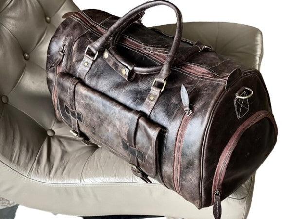 Plain Vintage Leather Duffle Bag, Black