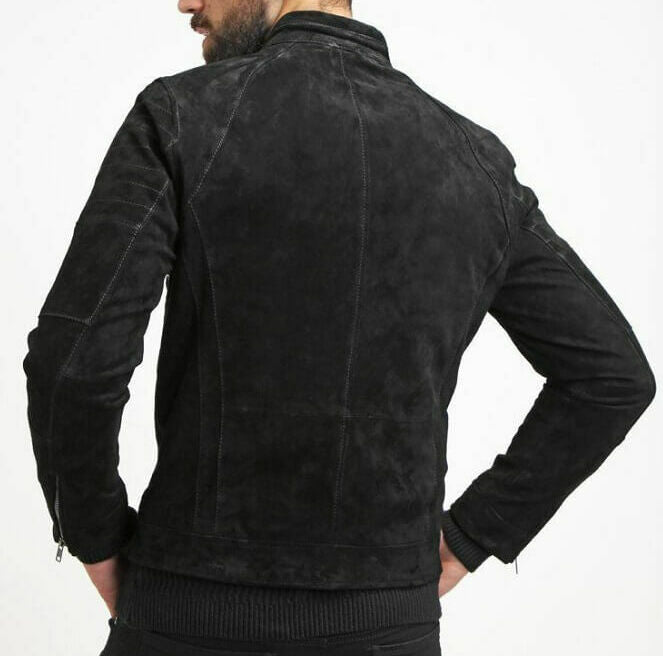 Slim Fit Suede Leather Biker Jacket, Black
