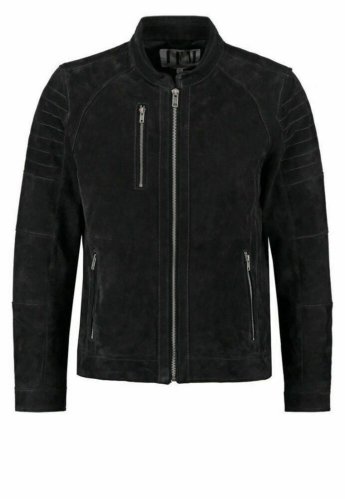 Slim Fit Suede Leather Biker Jacket, Black