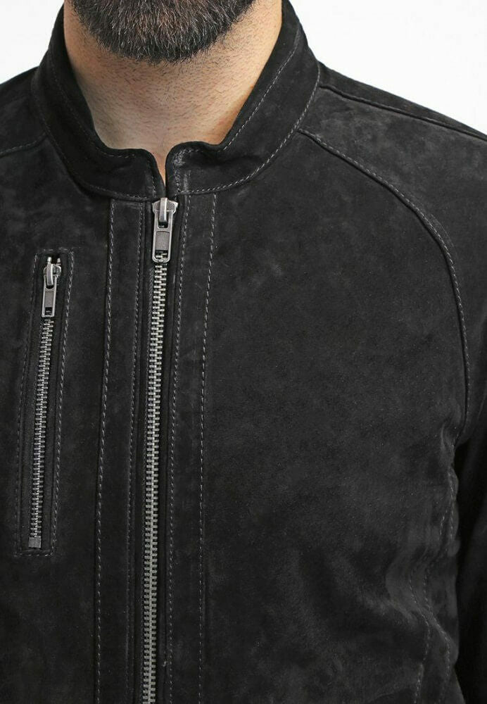 Slim Fit Suede Leather Biker Jacket, Black