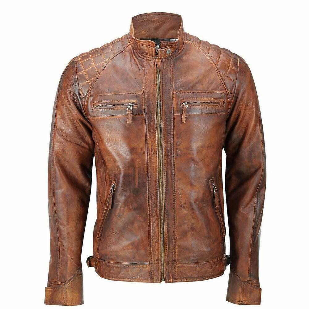 Quilted Vintage Brown Distressed Leather Jacket, Front