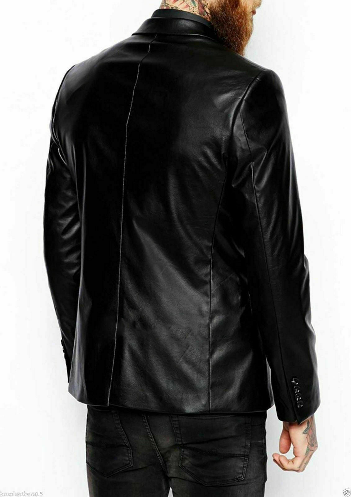 Slim Fit Leather Blazer Men, Black