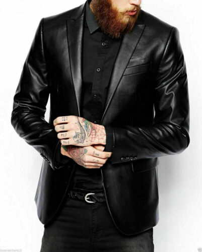 Slim Fit Leather Blazer Men, Black