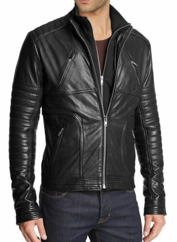 Velvet Stand Collar Leather Biker Jacket, Front