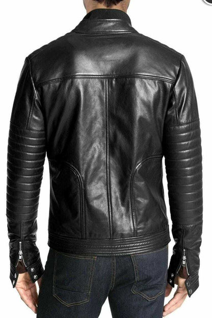 Velvet Stand Collar Leather Biker Jacket, Back