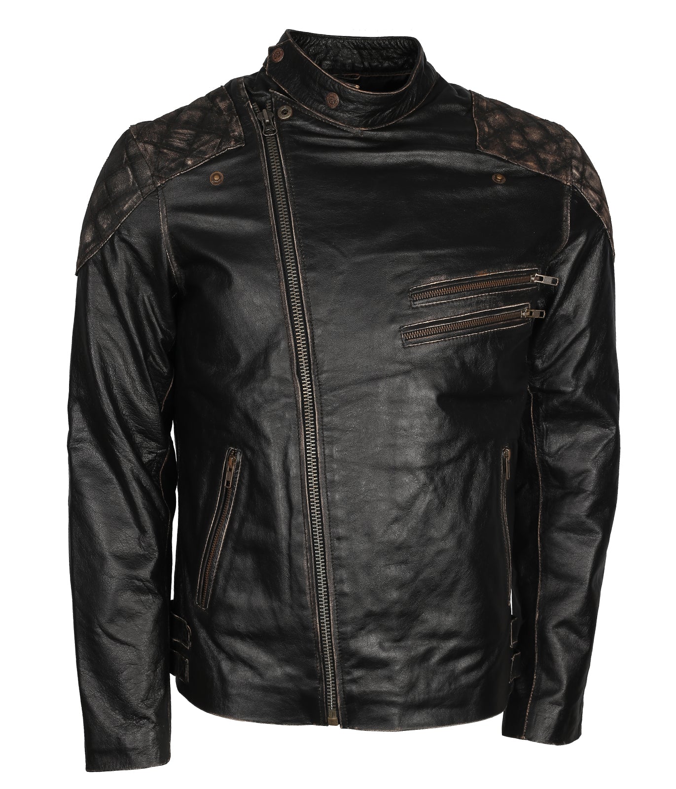 Skull Embossed Black Distressed Leather Jacket