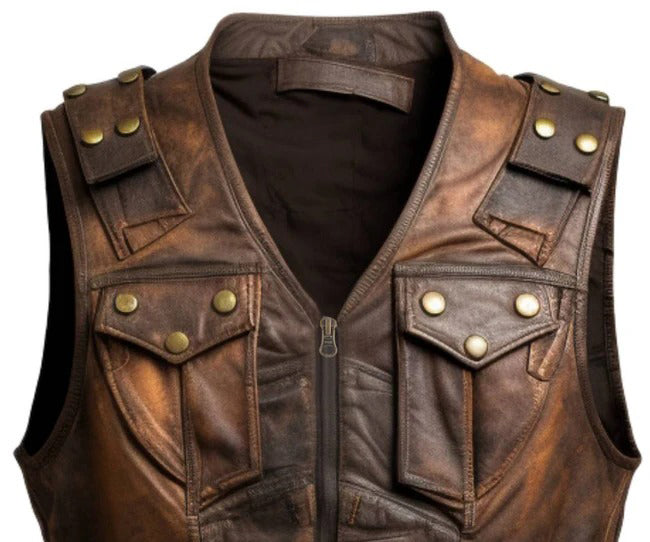 Brown Leather Regular Size Vintage Vest for Men