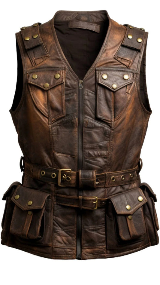 Brown Leather Regular Size Vintage Vest for Men