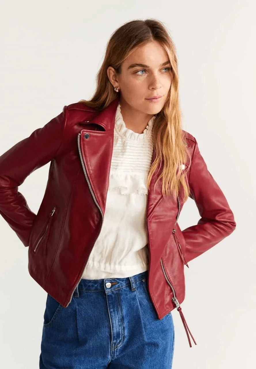 Red Slim Outerwear Biker Leather Jacket