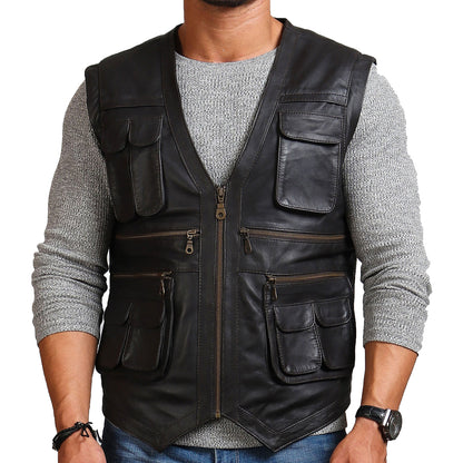 Safari Black Leather Vest Men, Sleeveless