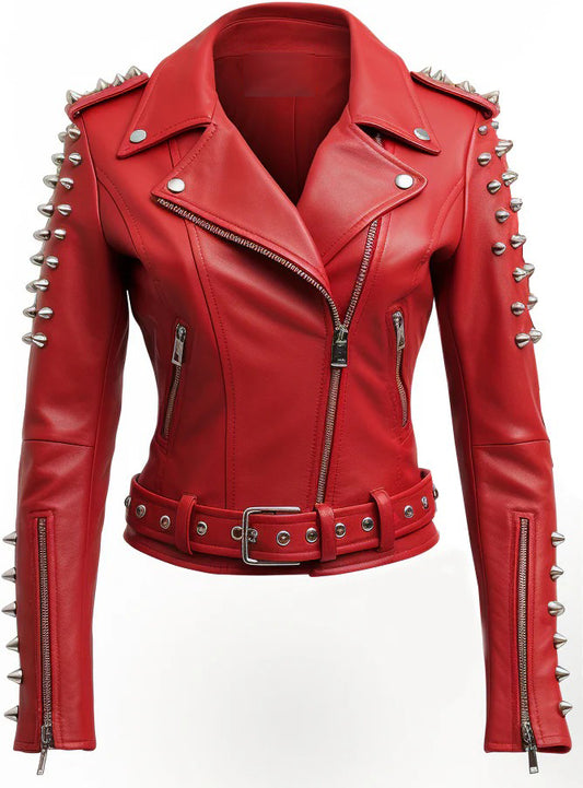 Women Crimson Studs Red Leather Jacket