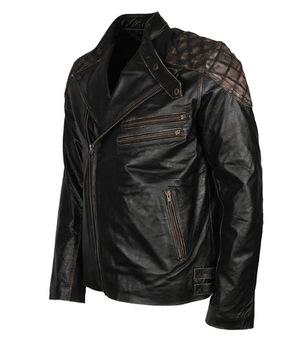 Skull Embossed Black Distressed Leather Jacket