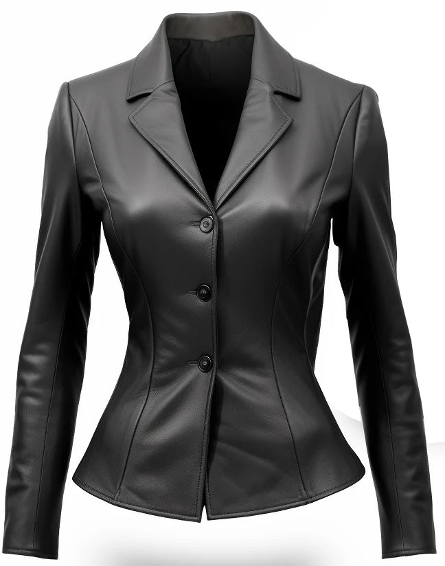 Fitted Black Leather Women Coat Blazer