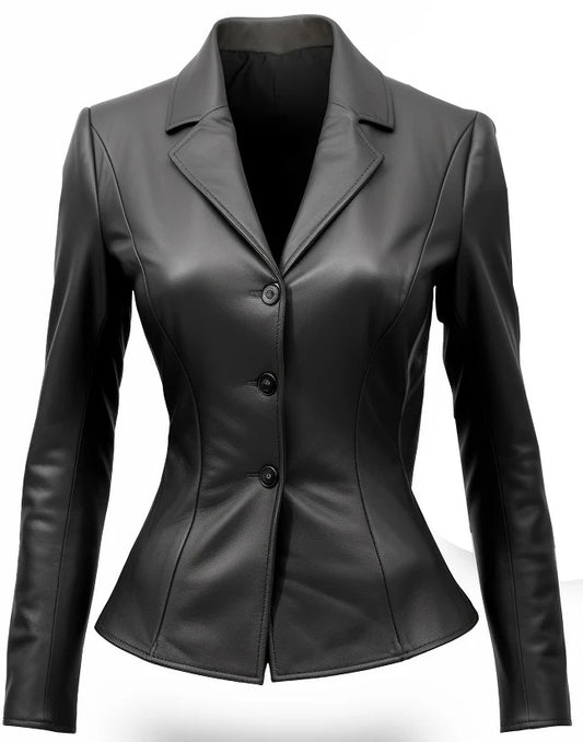 Fitted Black Leather Women Coat Blazer