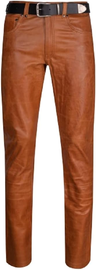 Motorcycle Biker Distressed Brown Leather Jeans Men