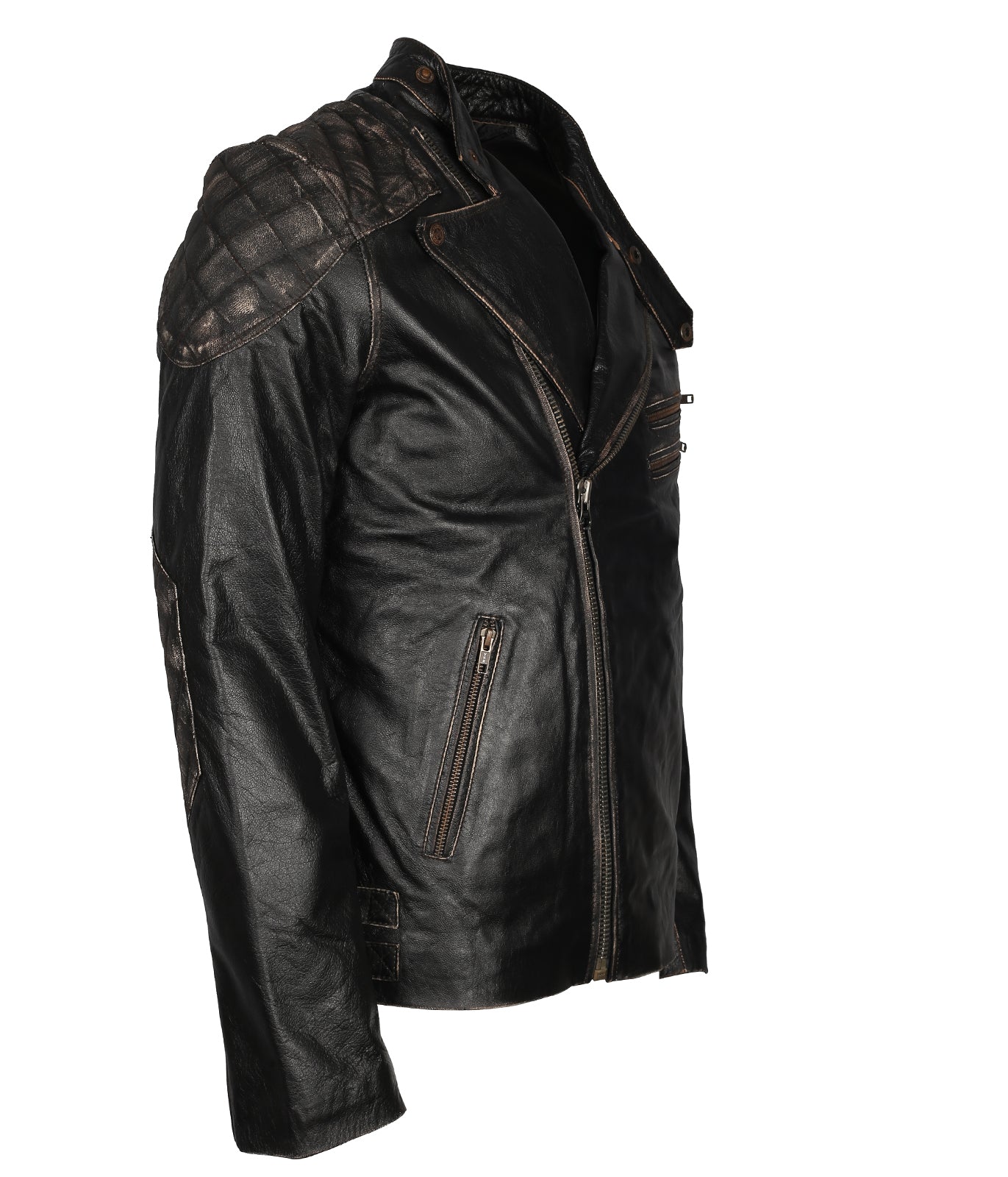 Skull Embossed Black Distressed Leather Jacket