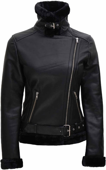 B3 Asymmetrical Black Shearling Leather Jacket