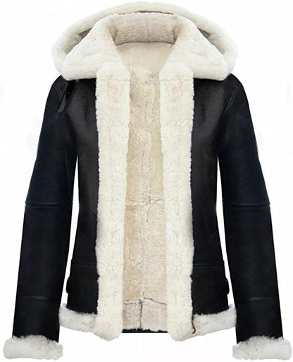 Shearling Jacket Women With Hood, Black