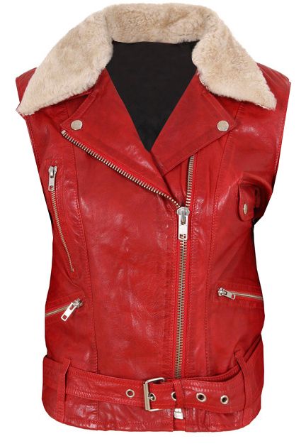 Fur Collar Womens Leather Vest, Red