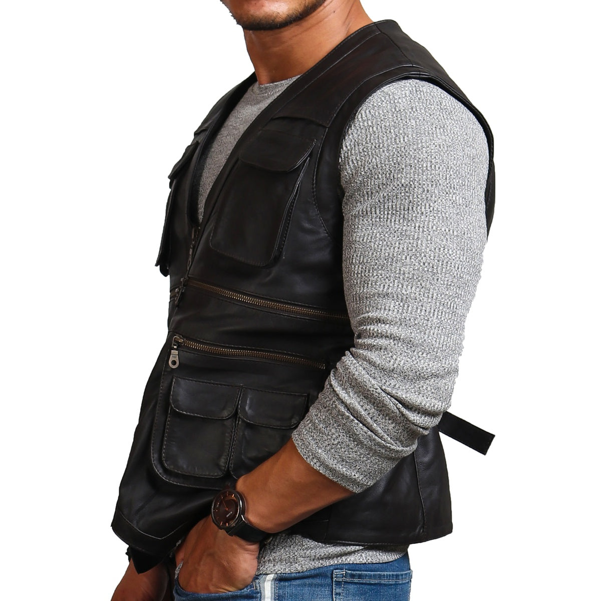 Safari Black Leather Vest Men, Sleeveless