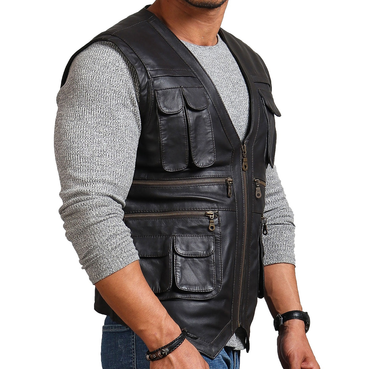 Safari Black Leather Vest Men, Sleeveless