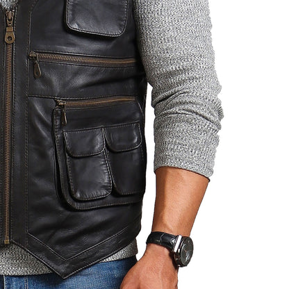 Safari Black Leather Vest Men, Sleeveless