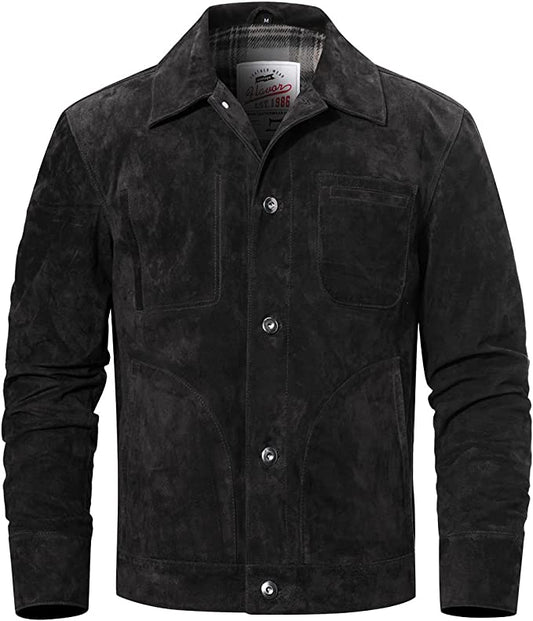 Trucker Suede Leather Jacket Men, Black