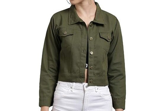 Women Solid Green Denim Jacket, Women